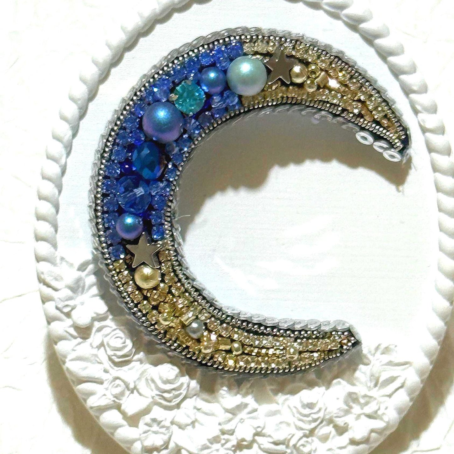Handmade Beaded Star and Moon Brooch: Celestial Rhinestone Pin