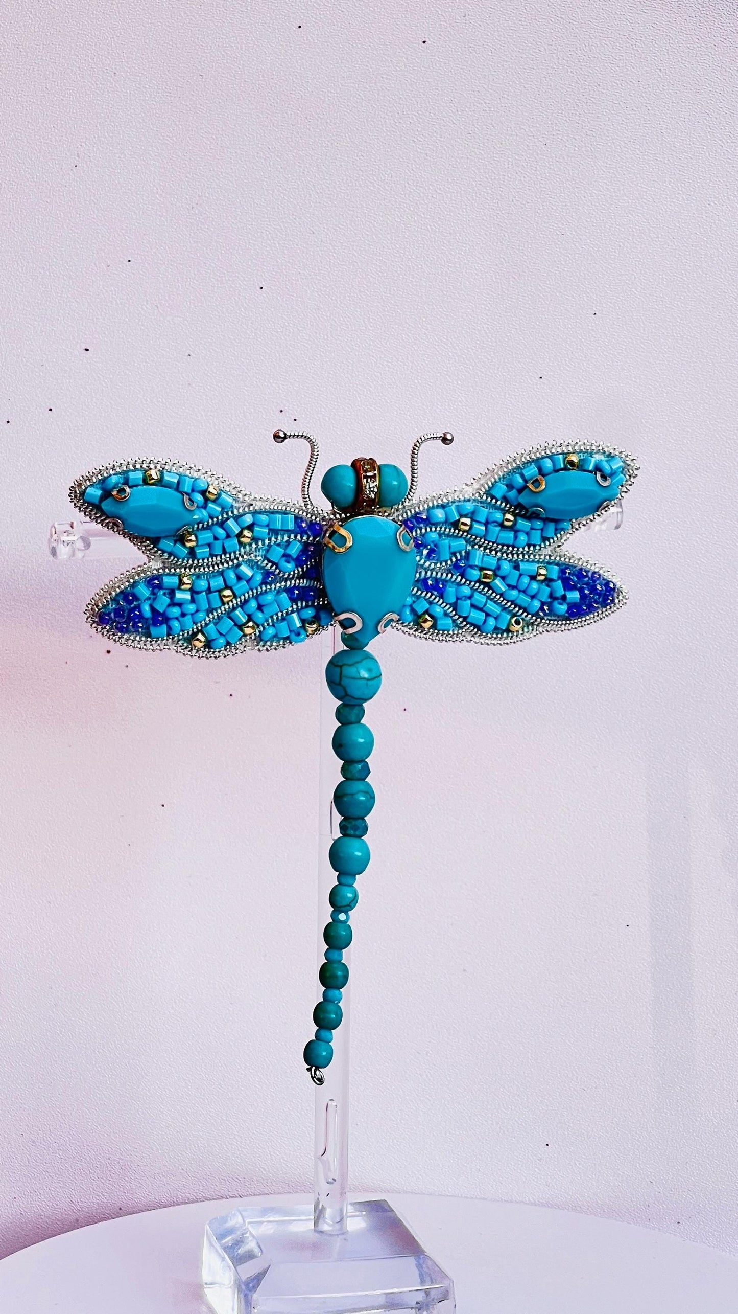 Handmade Turquoise Dragonfly Brooch: Beaded Crystal Statement Pin