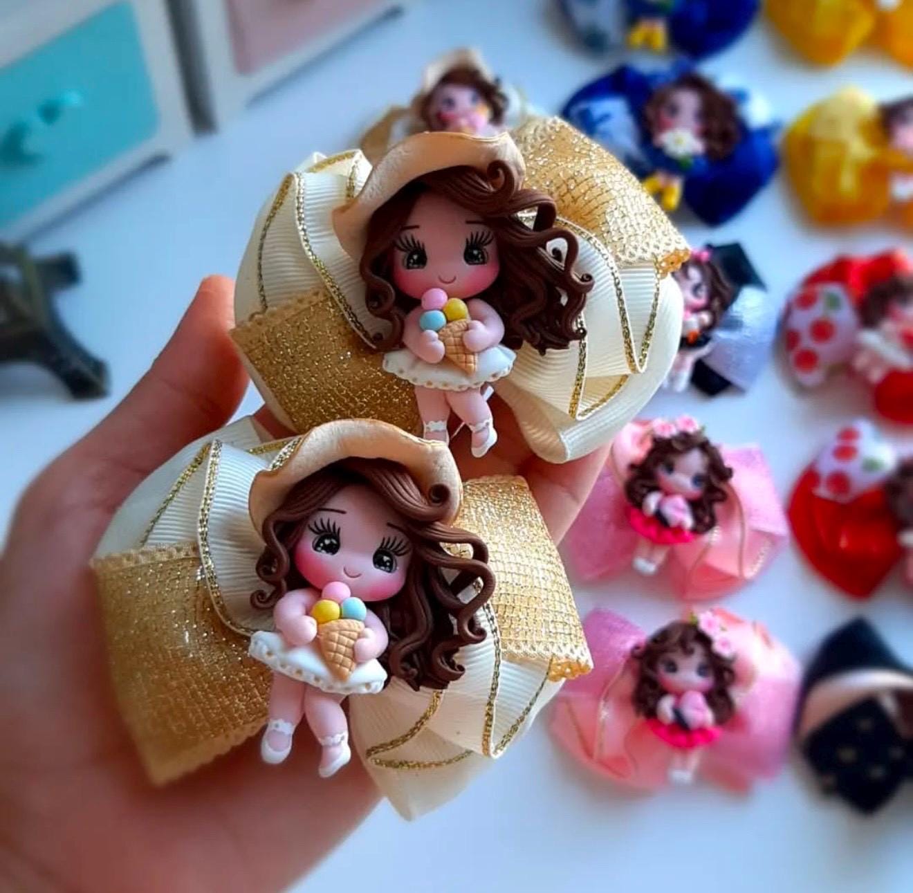 Handmade Hair Bow Clip: Polymer Clay Figurine, Girls Hair Accessory