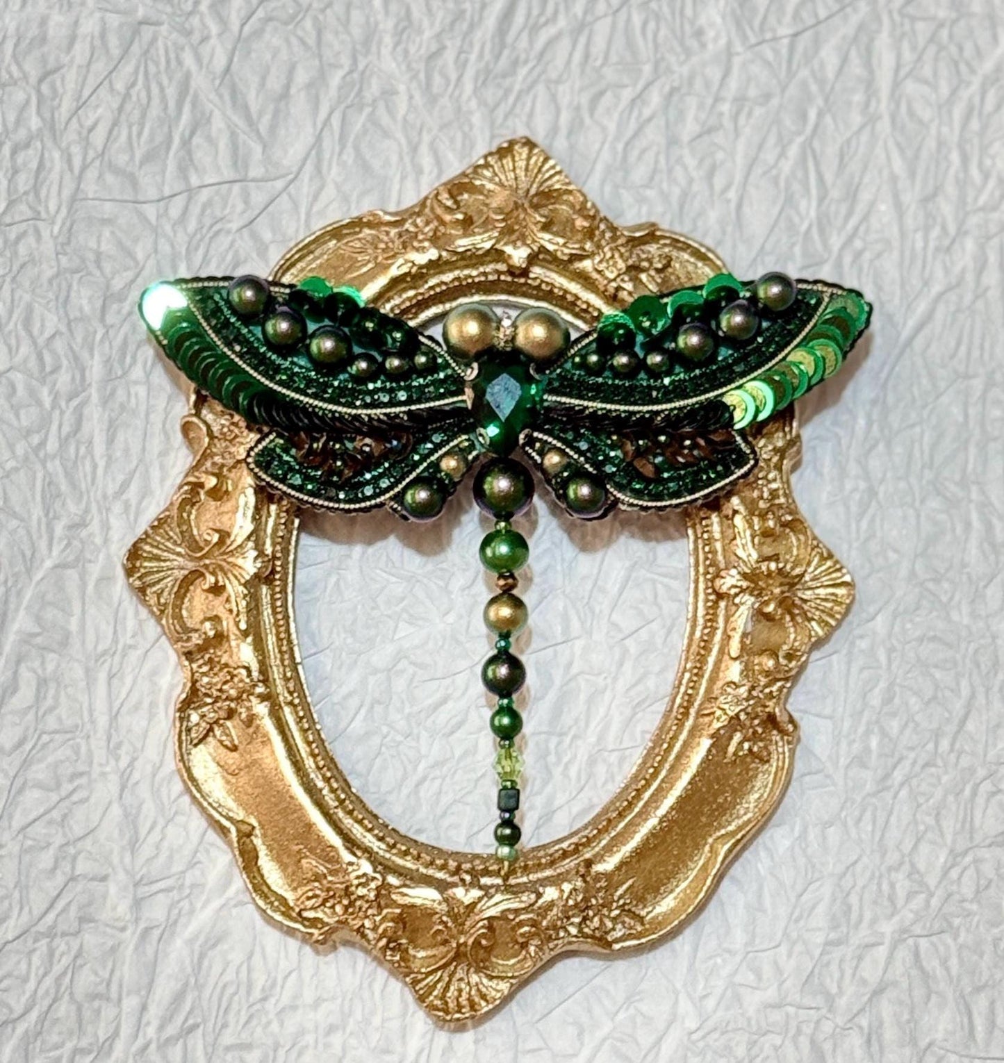 Handmade Green Dragonfly Brooch: Beaded Crystal Insect Pin