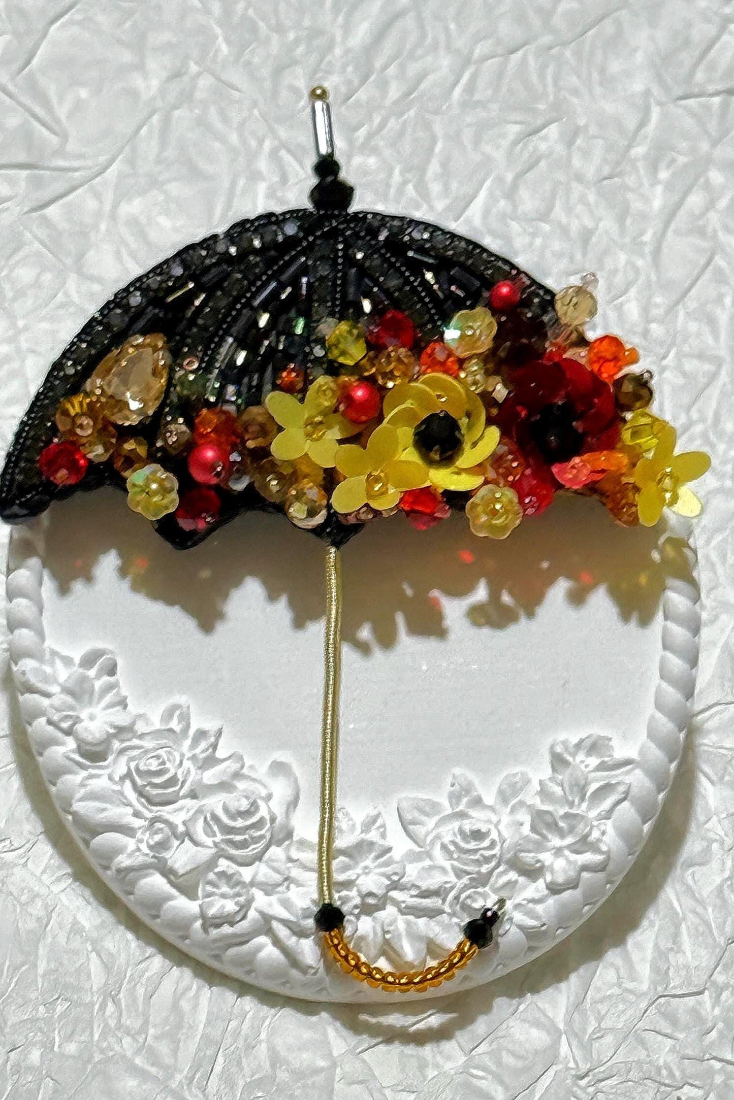 Handmade Beaded Umbrella Brooch: Floral Jewelry Pin with Yellow & Red Accents