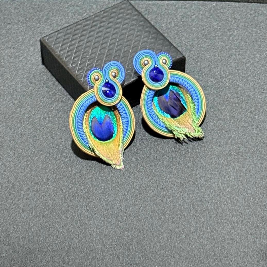 Handmade Peacock Feather Earrings: Soutache Bohemian Jewelry