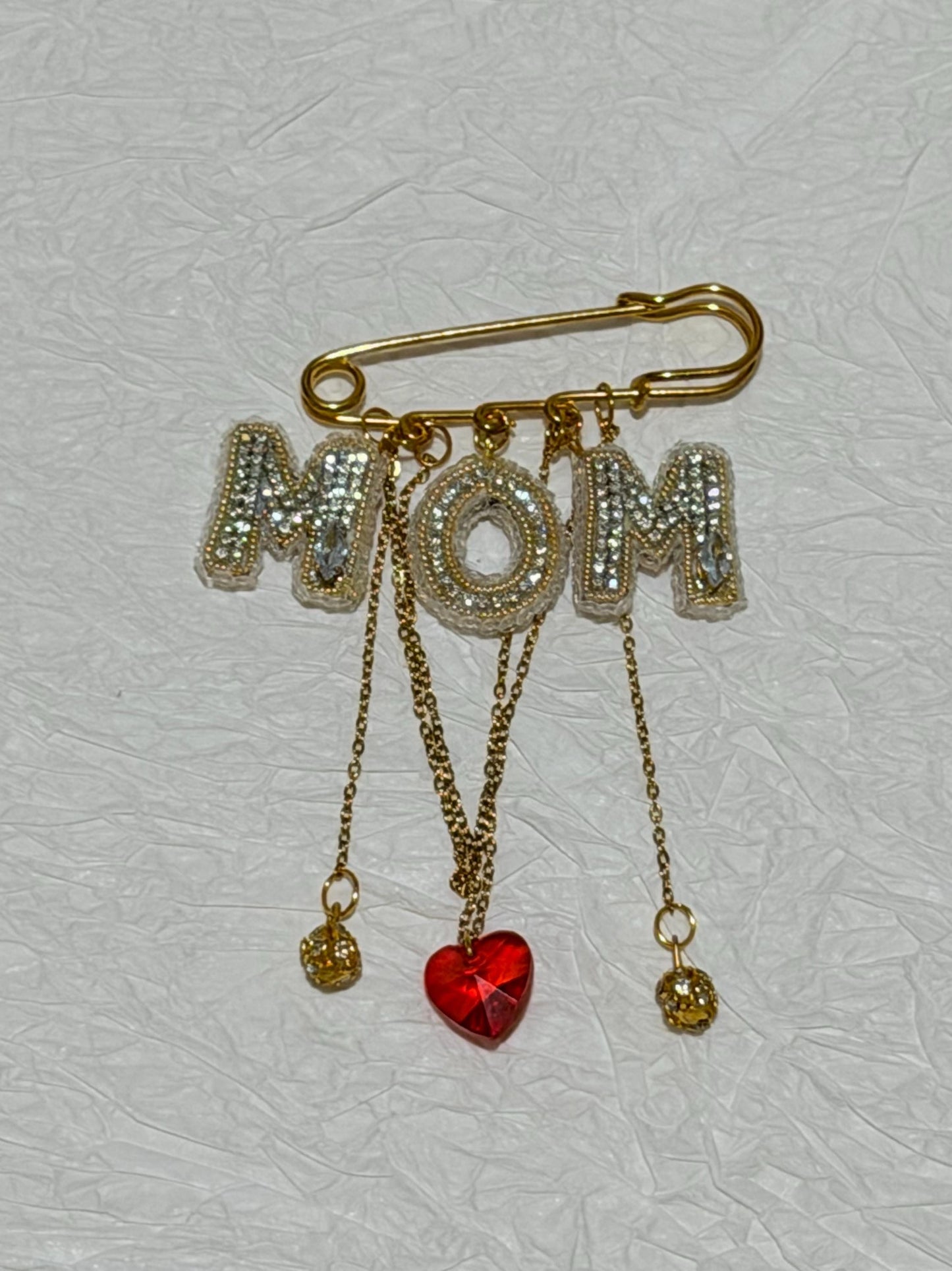 Handmade Beaded MOM Brooch – Crystal Heart, Gold Tone Pin