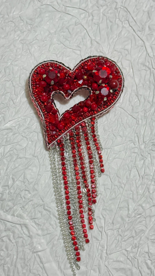 Handmade Beaded Heart Brooch: Red Rhinestone Pin with Dangling Chains