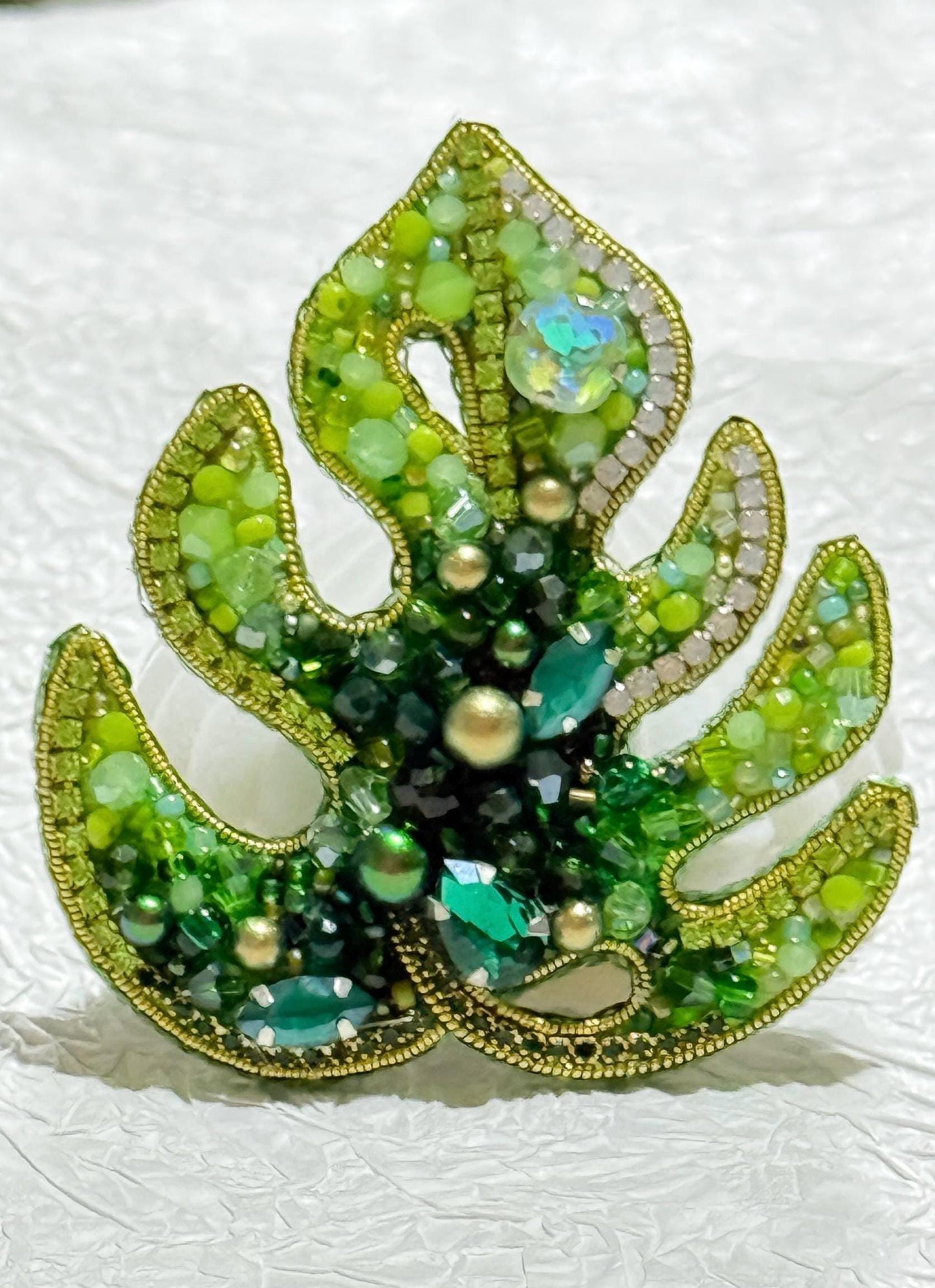Handmade Green Leaf Brooch: Beaded Crystal Jungle Plant Pin