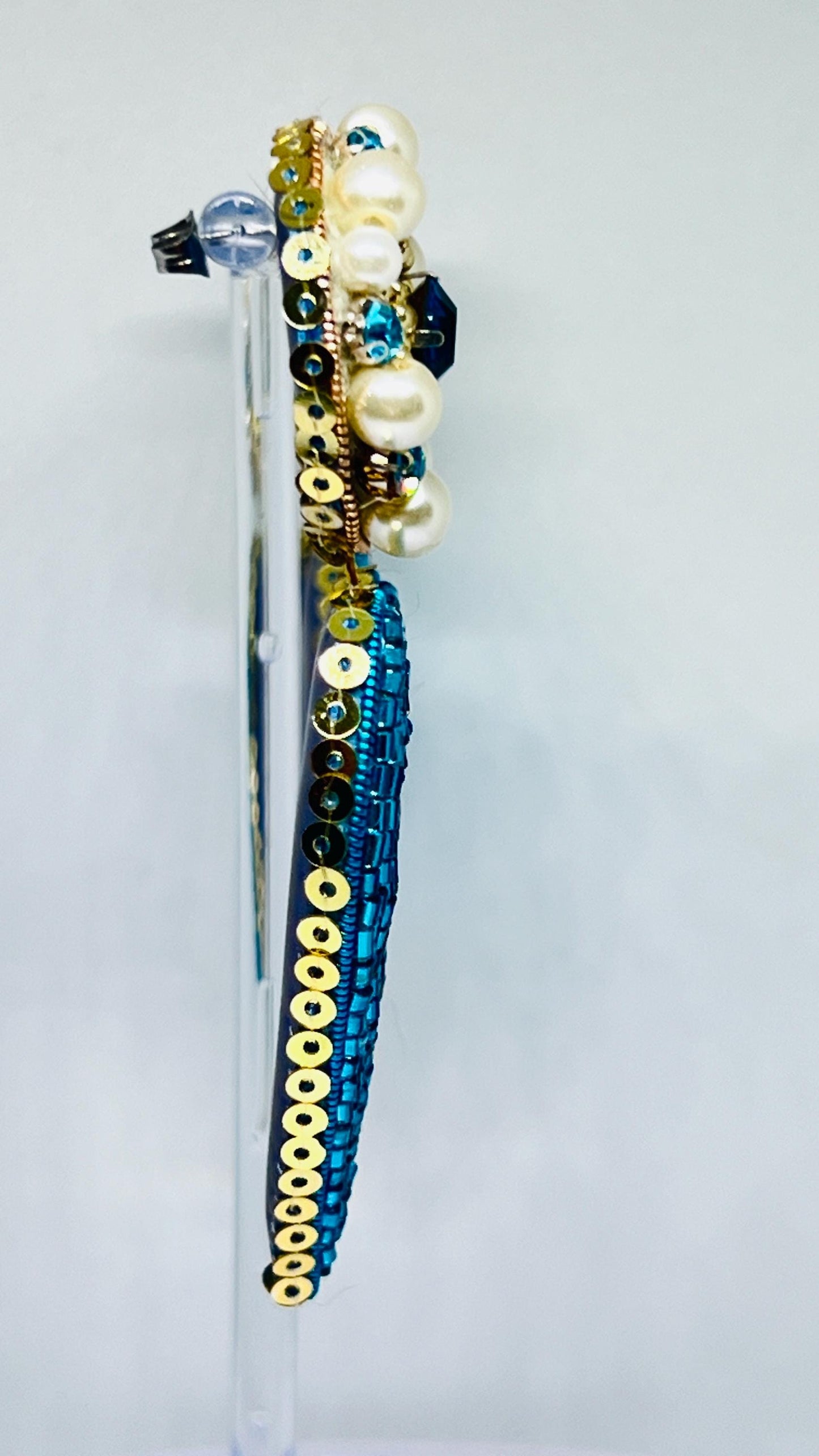 Handmade Blue Heart Earrings: Beaded Pearls & Crystals, Elegant Drop Earrings