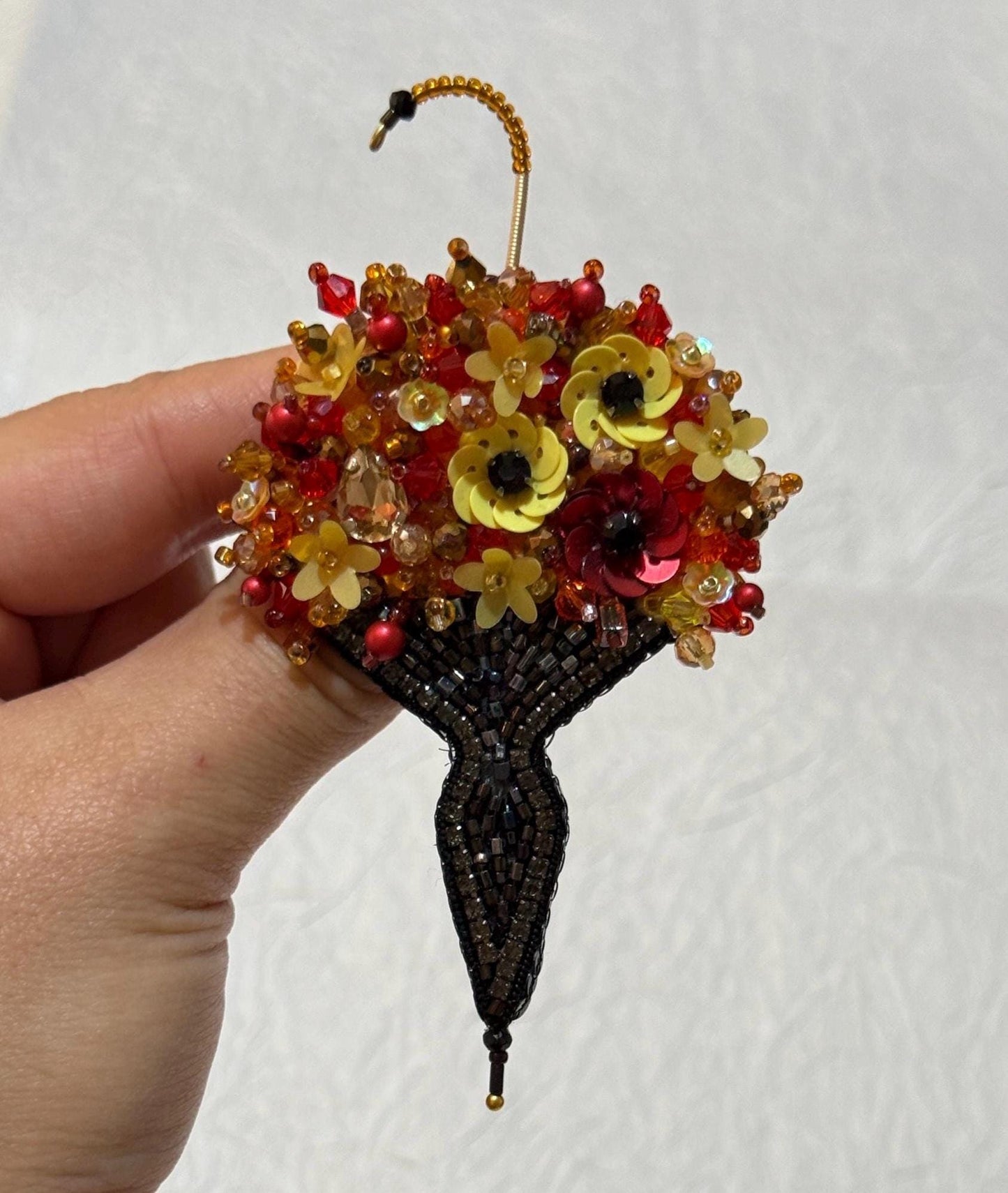 Handmade Floral Umbrella Brooch: Beaded Sequin Statement Jewelry