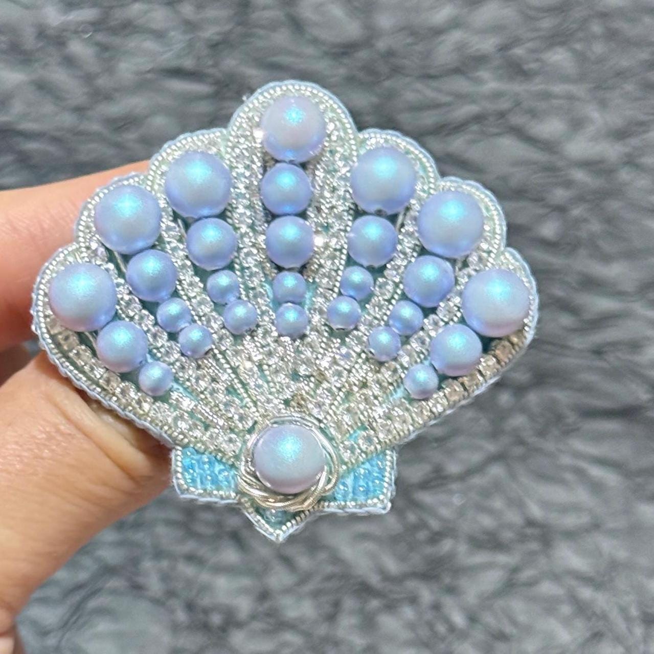 Handmade Beaded Shell Brooch: Blue Pearl Nautical Pin