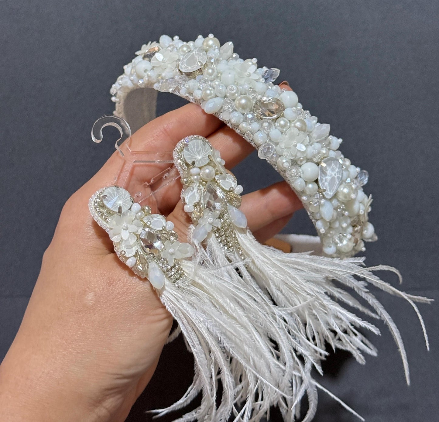 Handmade Bridal Headband and Earrings Set: Pearls, Crystals, Feathers
