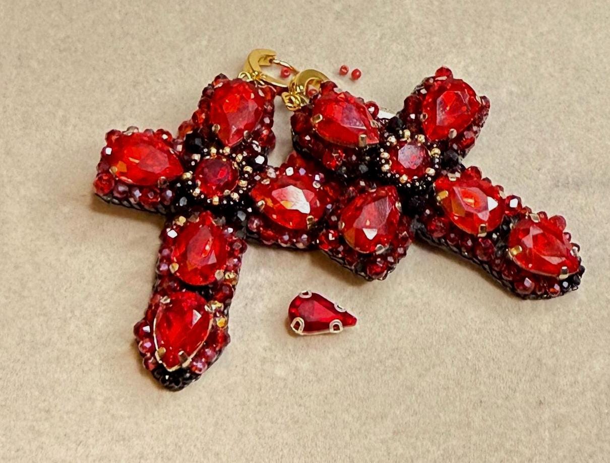 Handmade Red Crystal Cross Earrings: Gothic Religious Jewelry