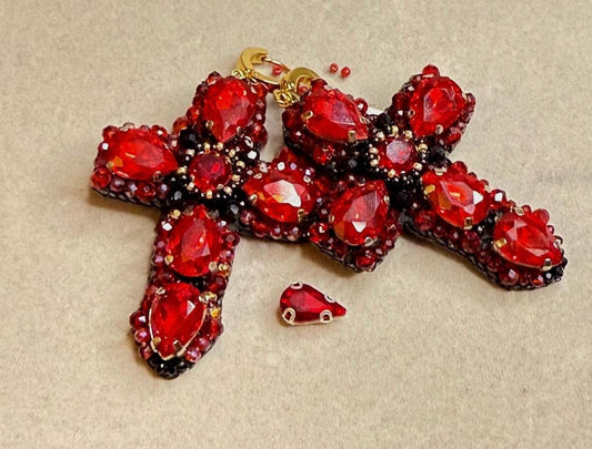 Handmade Red Crystal Cross Earrings: Gothic Religious Jewelry