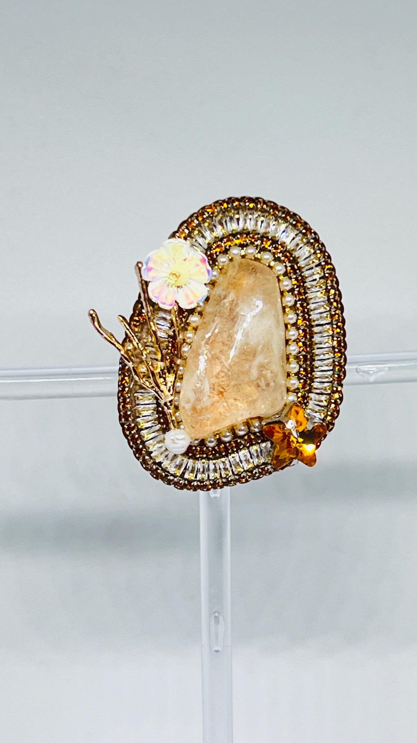 Handmade Citrine Stone Brooch: Beaded Gemstone Pin with Pearls
