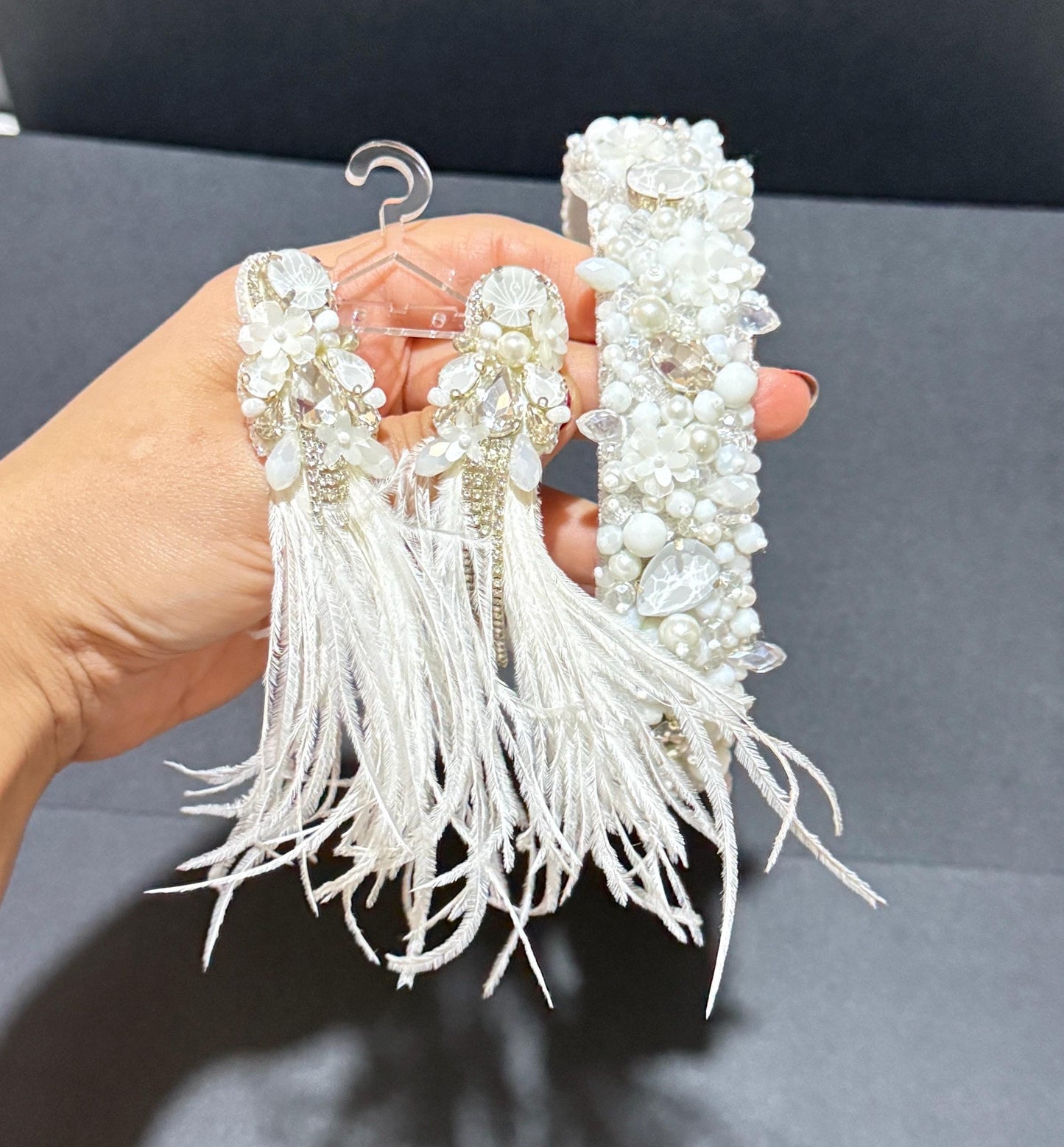 Handmade Bridal Headband and Earrings Set: Pearls, Crystals, Feathers