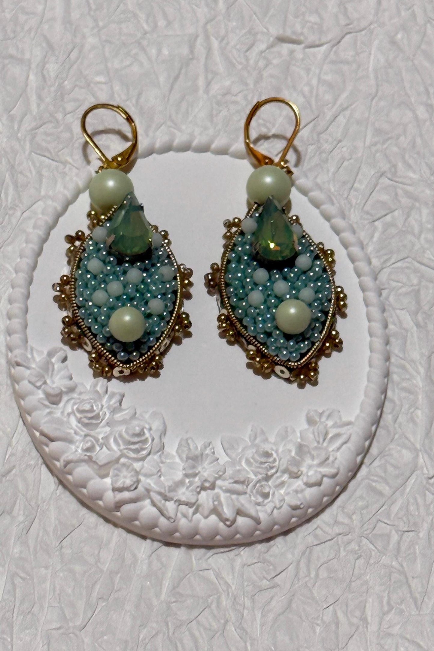 Handmade Beaded Dangle Earrings: Green Swarovski Crystals & Glass Pearls