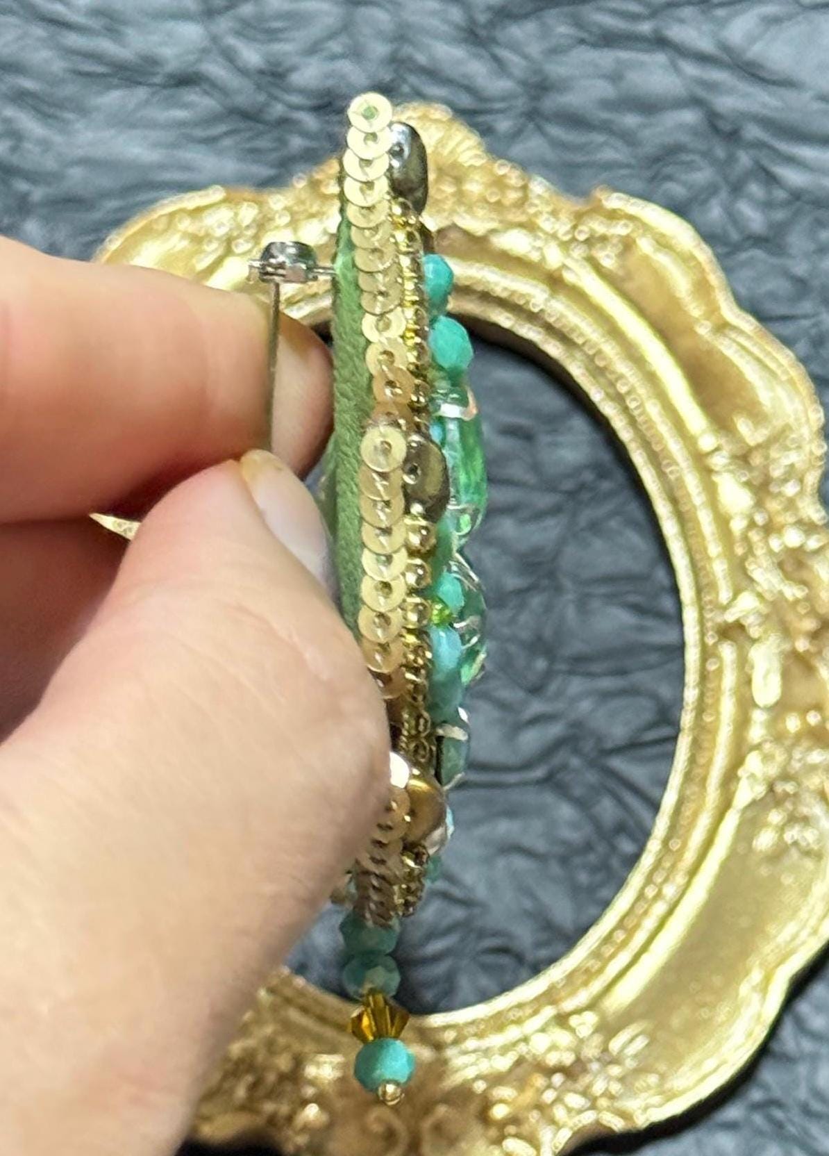 Handmade Green Crystal Leaf Brooch: Beaded Nature Jewelry