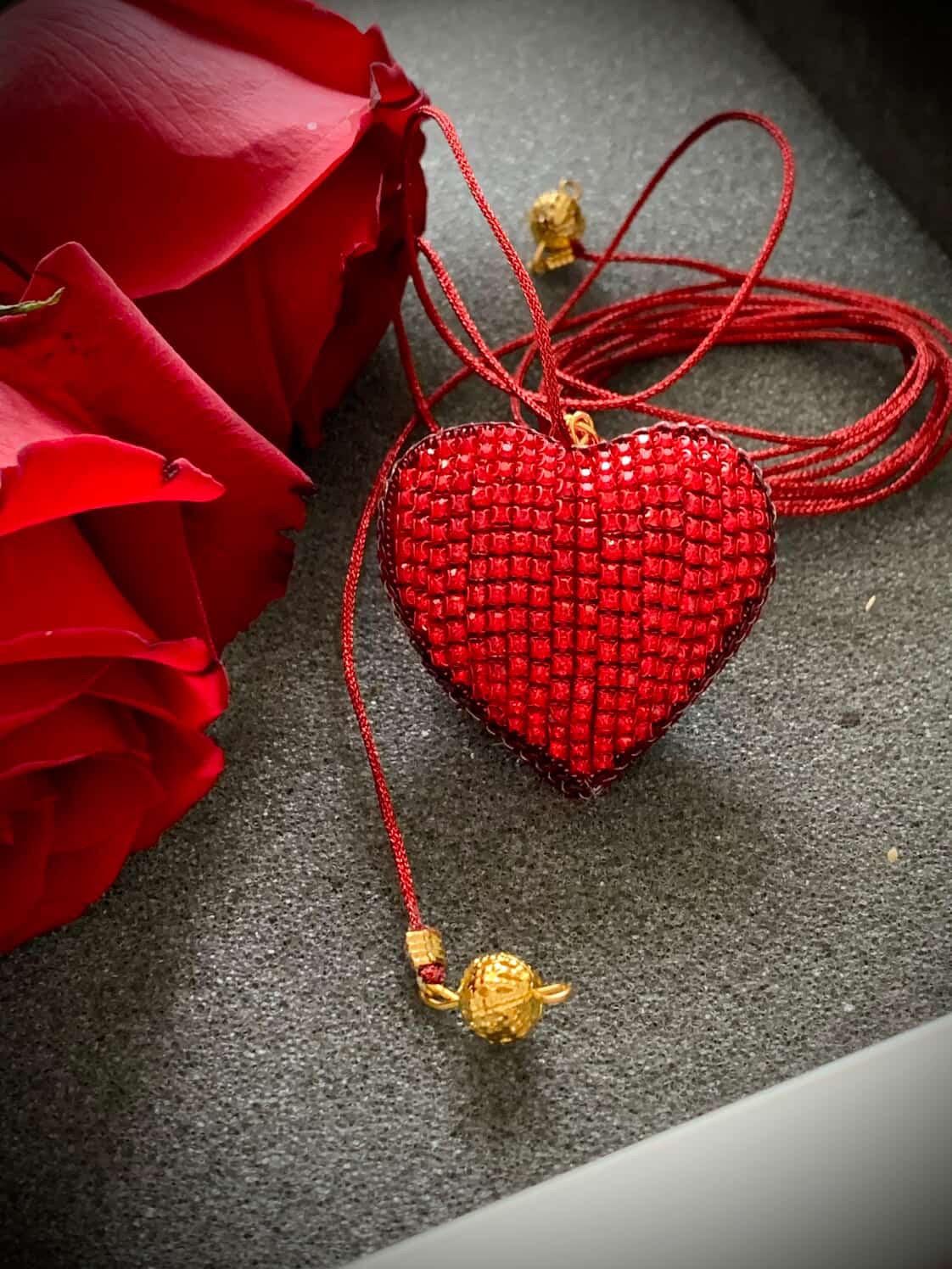 Handmade Crystal Beaded Heart Necklace – Adjustable Cord Pendant