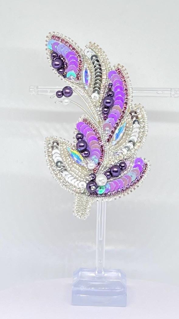 Handmade Beaded Feather Brooch: Purple Sequin & Pearl Embellished Pin