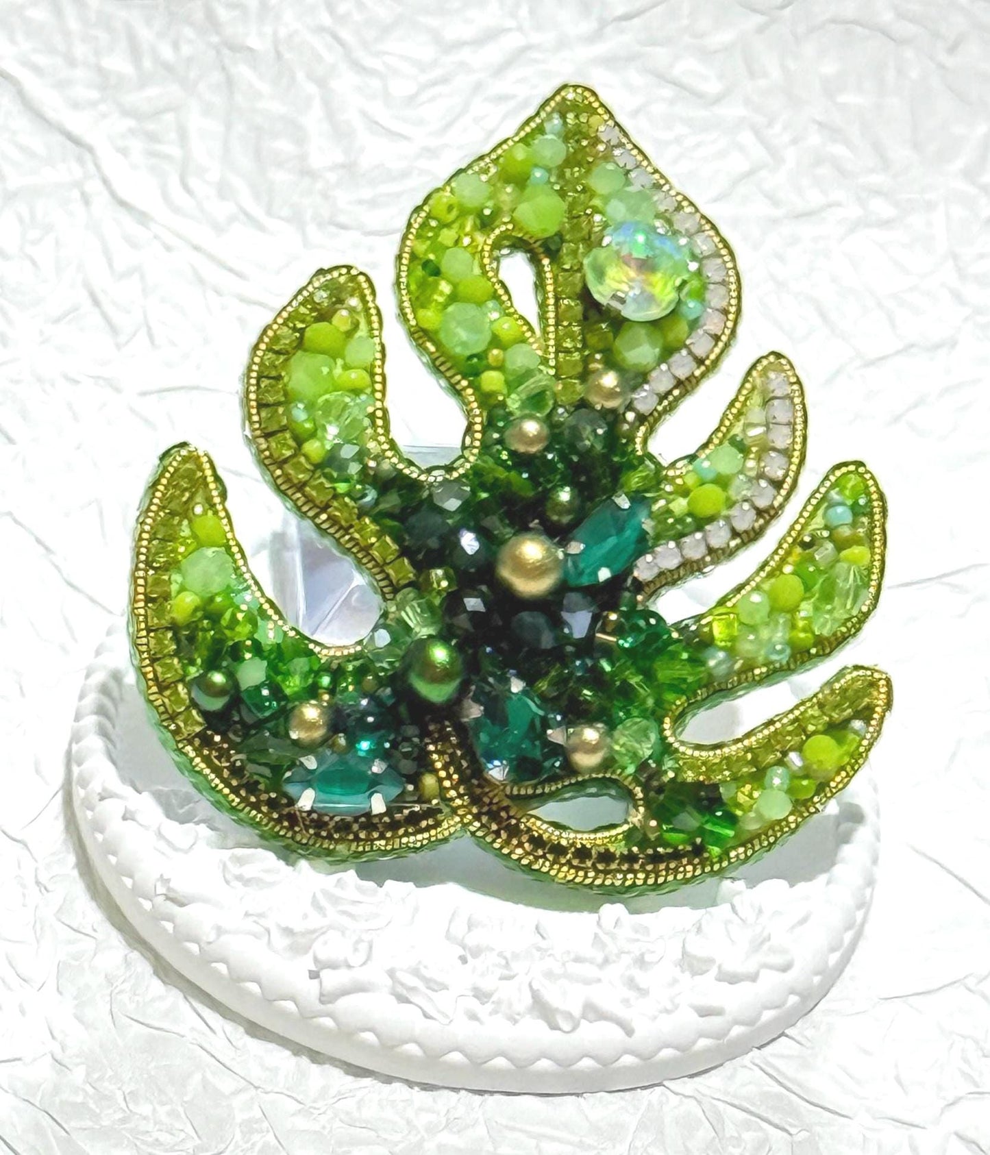Handmade Green Leaf Brooch: Beaded Crystal Jungle Plant Pin