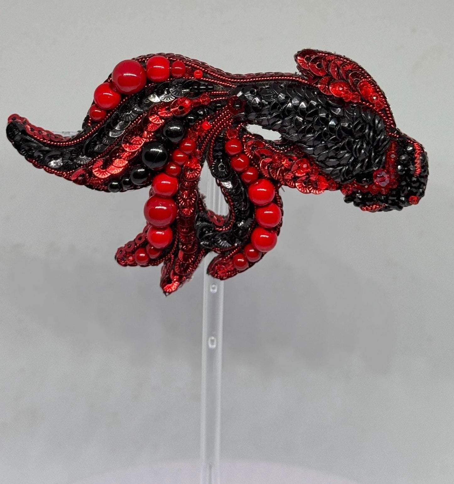 Handmade Beaded Koi Fish Brooch: Embroidered Red & Black Pin