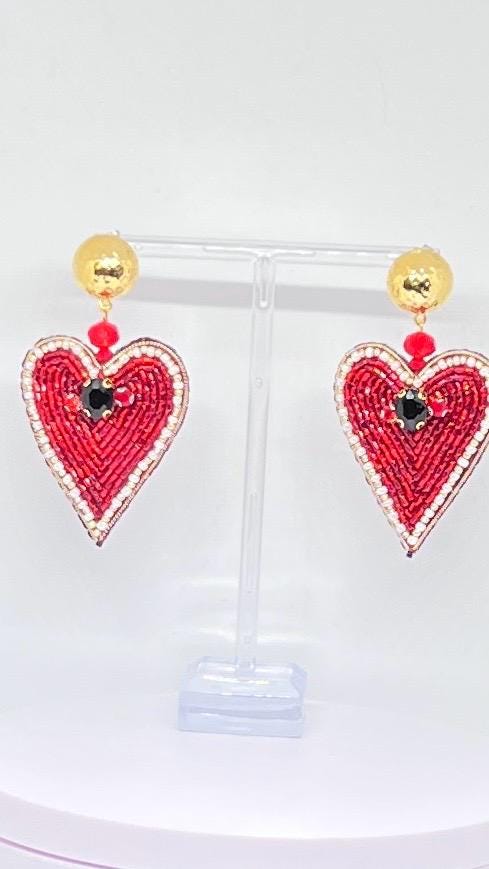 Handmade Red Heart Beaded Earrings: Pearl Crystal Statement Jewelry
