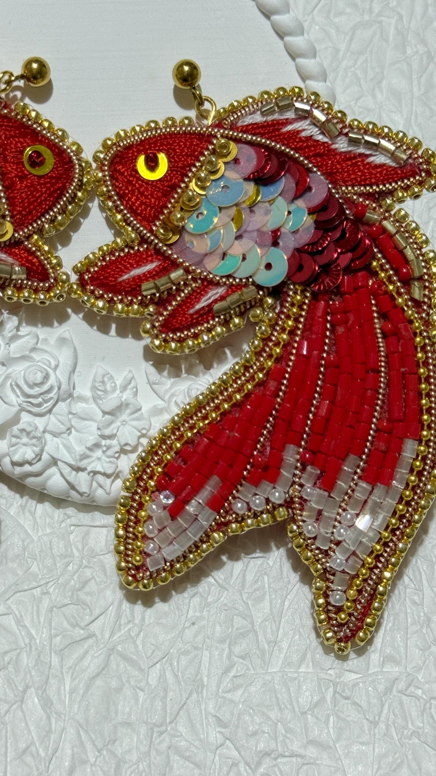 Handmade Beaded Goldfish Earrings: Red Sequin Statement Jewelry