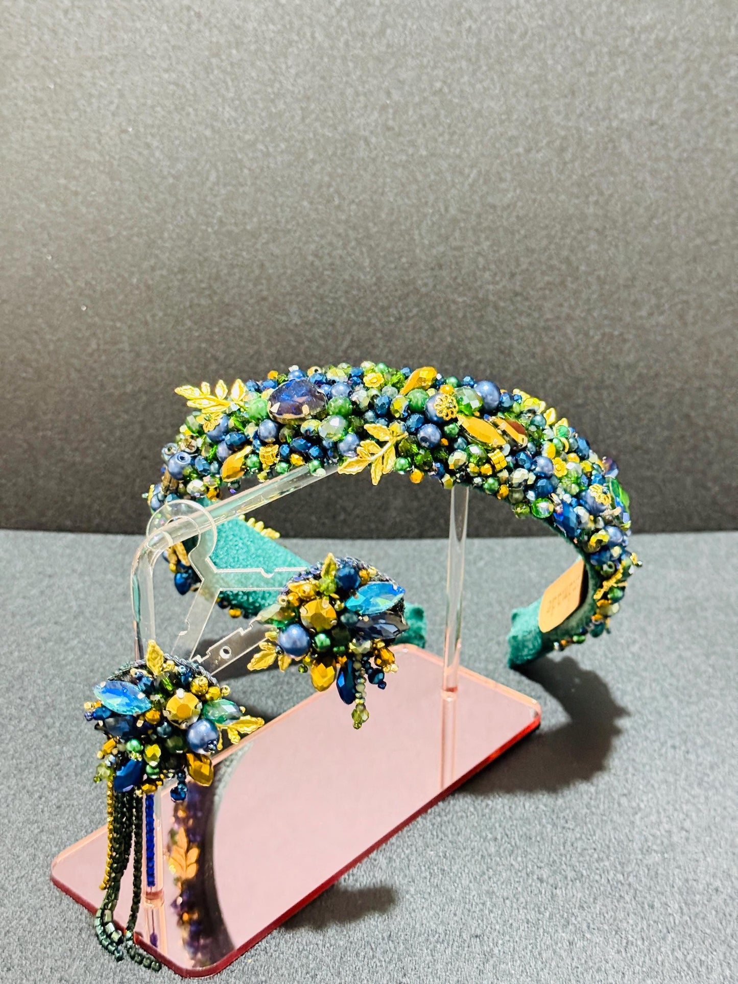 Handmade Green Beaded Headband and Crystal Earrings: Wedding Jewelry Set