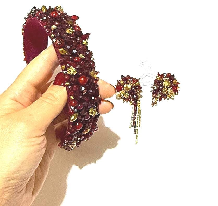 Handmade Red Crystal Headband and Earrings Set: Beaded Bridal Accessories