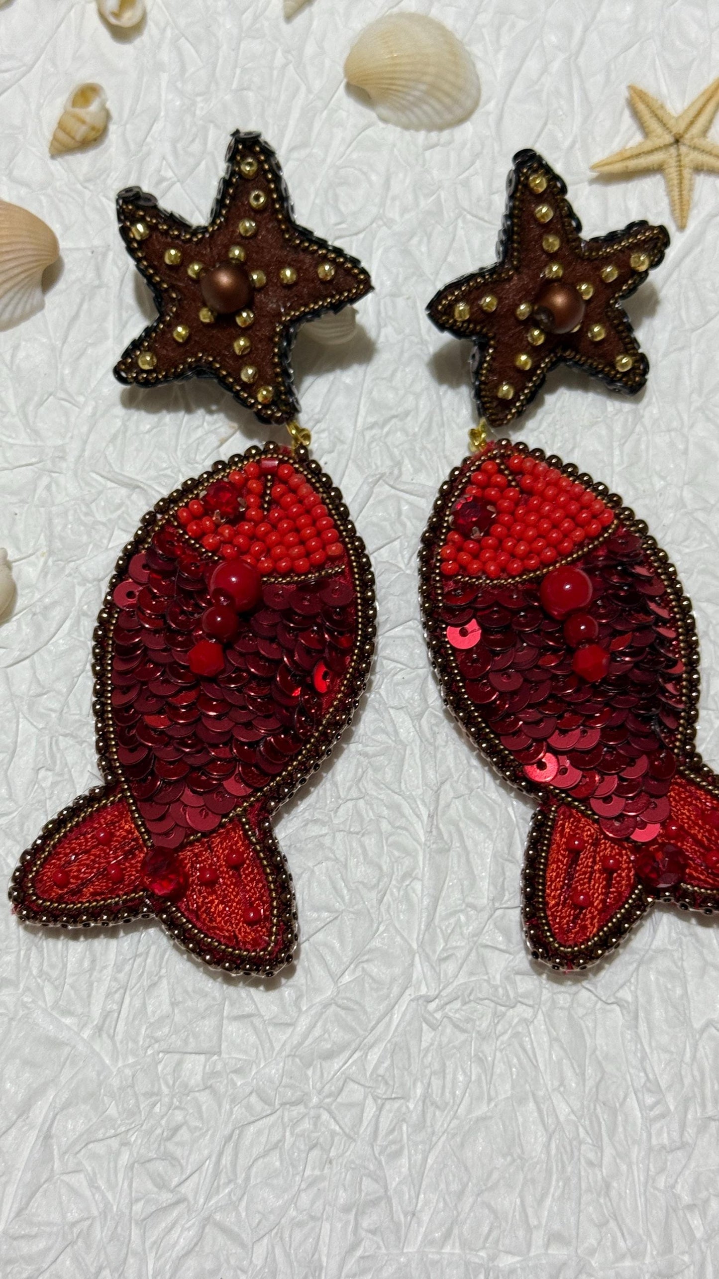 Handmade Beaded Fish Earrings: Red Sequin Starfish Dangle Jewelry