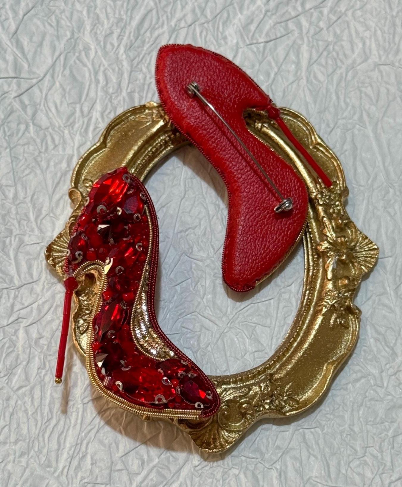 Handmade Red High Heel Brooch: Beaded Rhinestone Shoe Pin