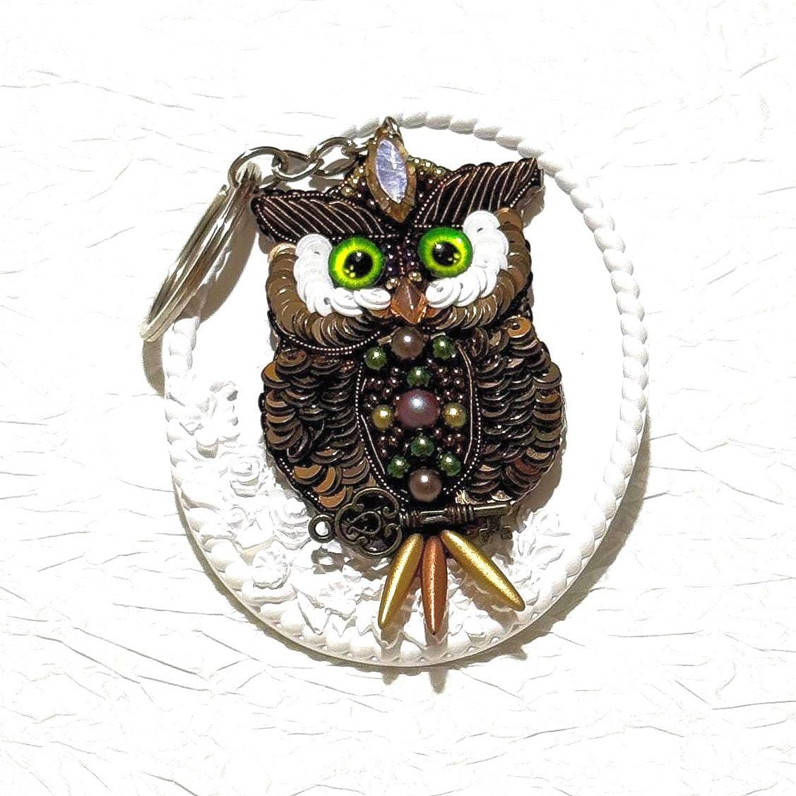 Handmade Beaded Owl Keychain: Pearl & Crystal Bag Charm