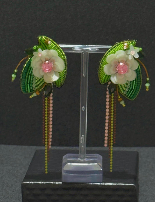 Handmade Green Floral Beaded Earrings – Elegant Nature-Inspired Statement Jewelry