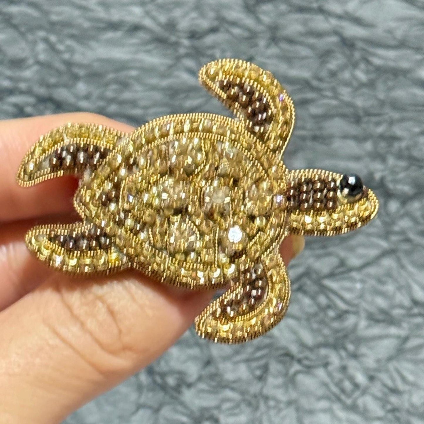Handmade Beaded Turtle Brooch: Gold Sequins & Crystals
