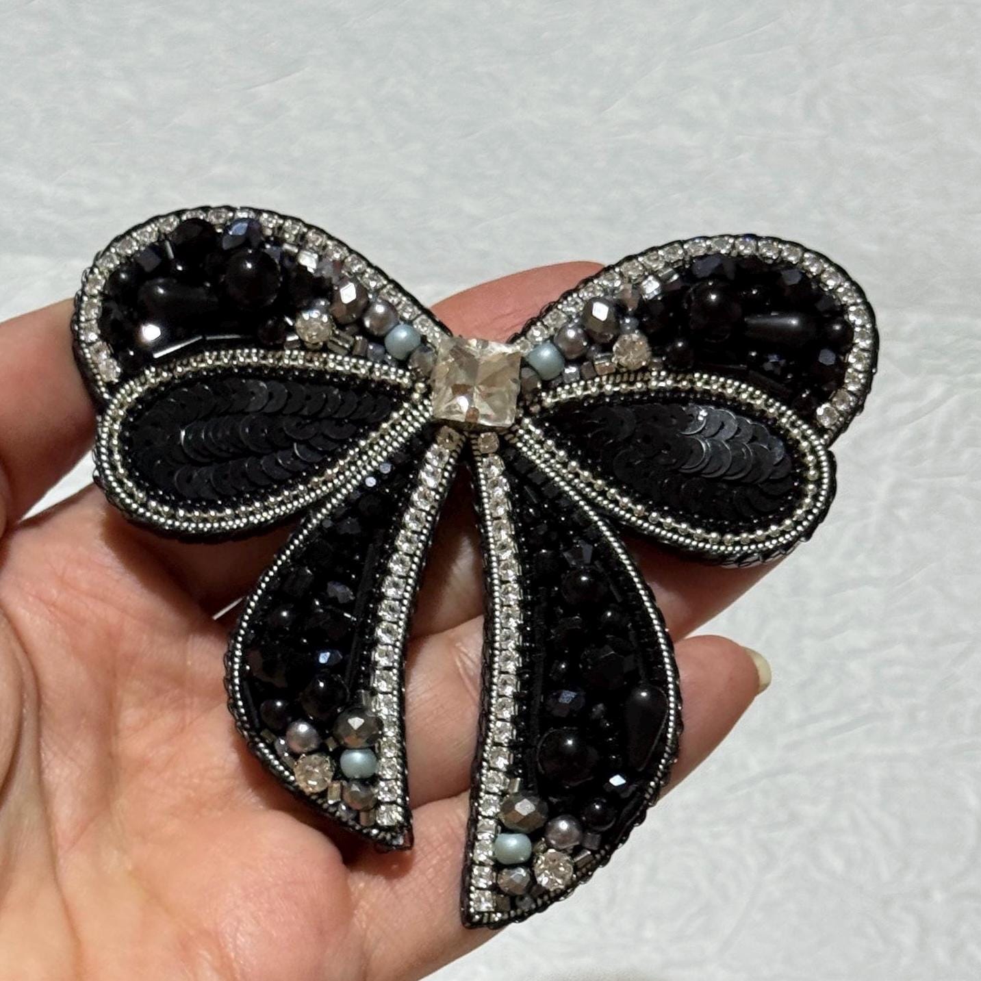Handmade Beaded Bow Brooch: Crystal Embroidered Statement Jewelry