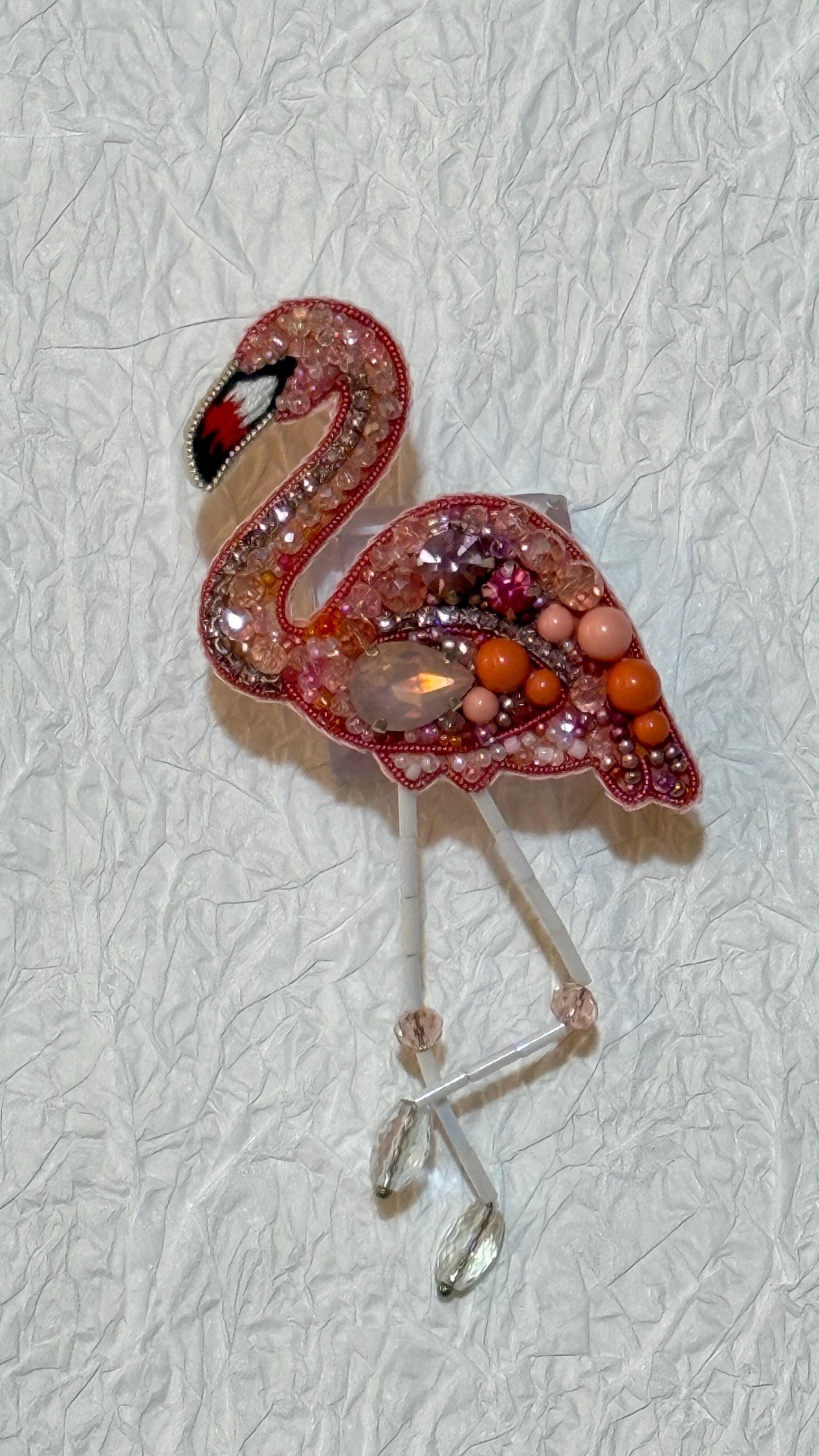 Handmade Beaded Flamingo Brooch: Pink Crystal Animal Lapel Pin