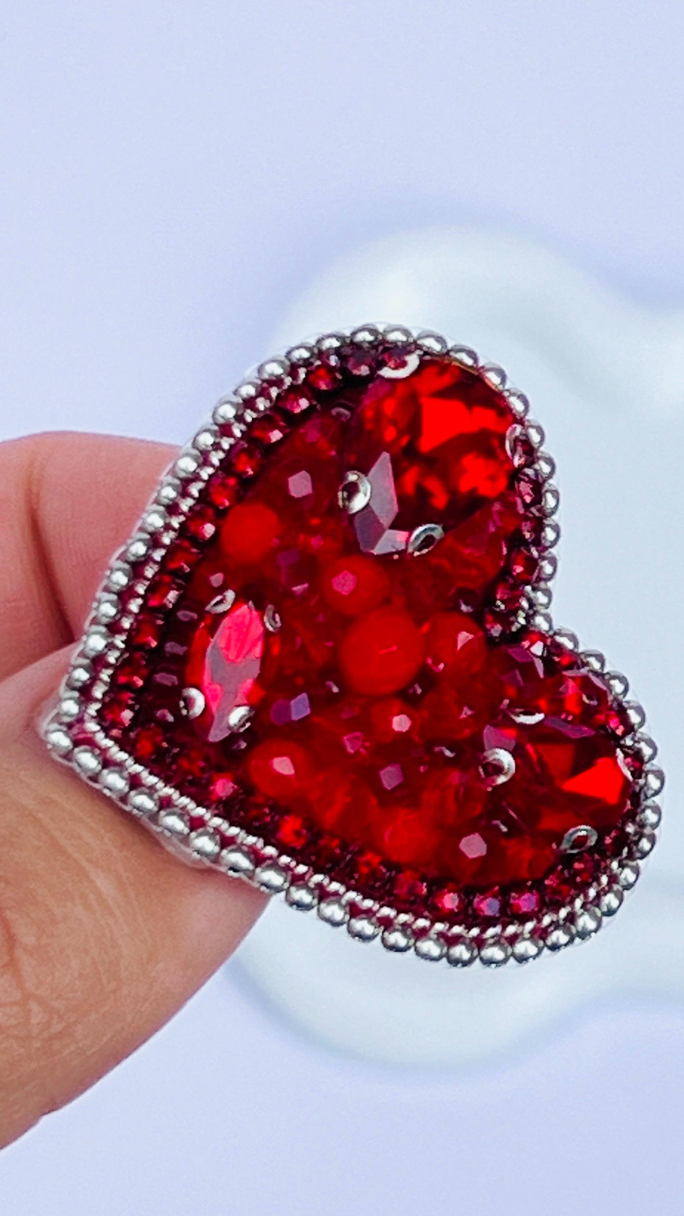 Handmade Red Crystal Heart Brooch: Beaded Love Pin