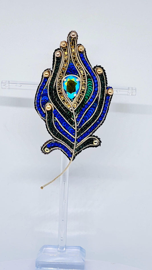 Peacock Feather Brooch Handmade Beaded Elegant Jewelry