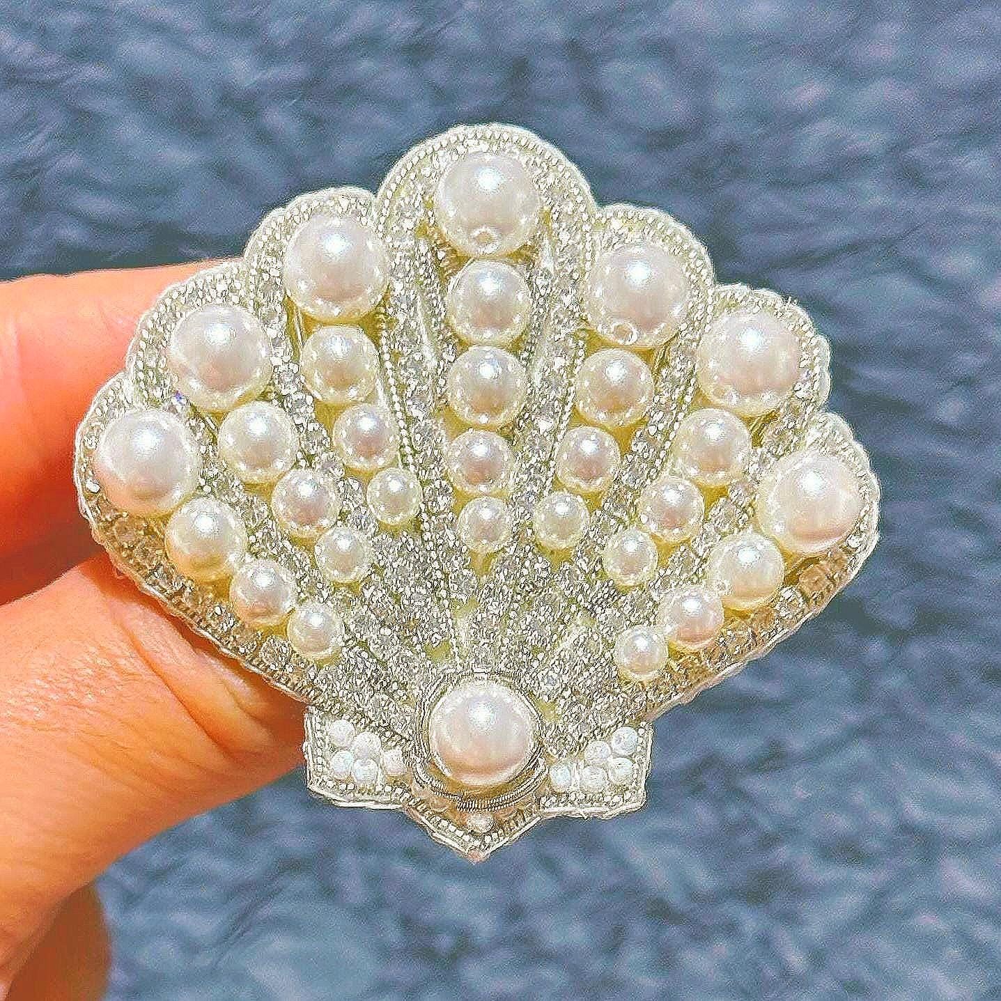 Handmade Pearl Shell Brooch: Beaded Bridal Pin, Sea-Inspired Jewelry