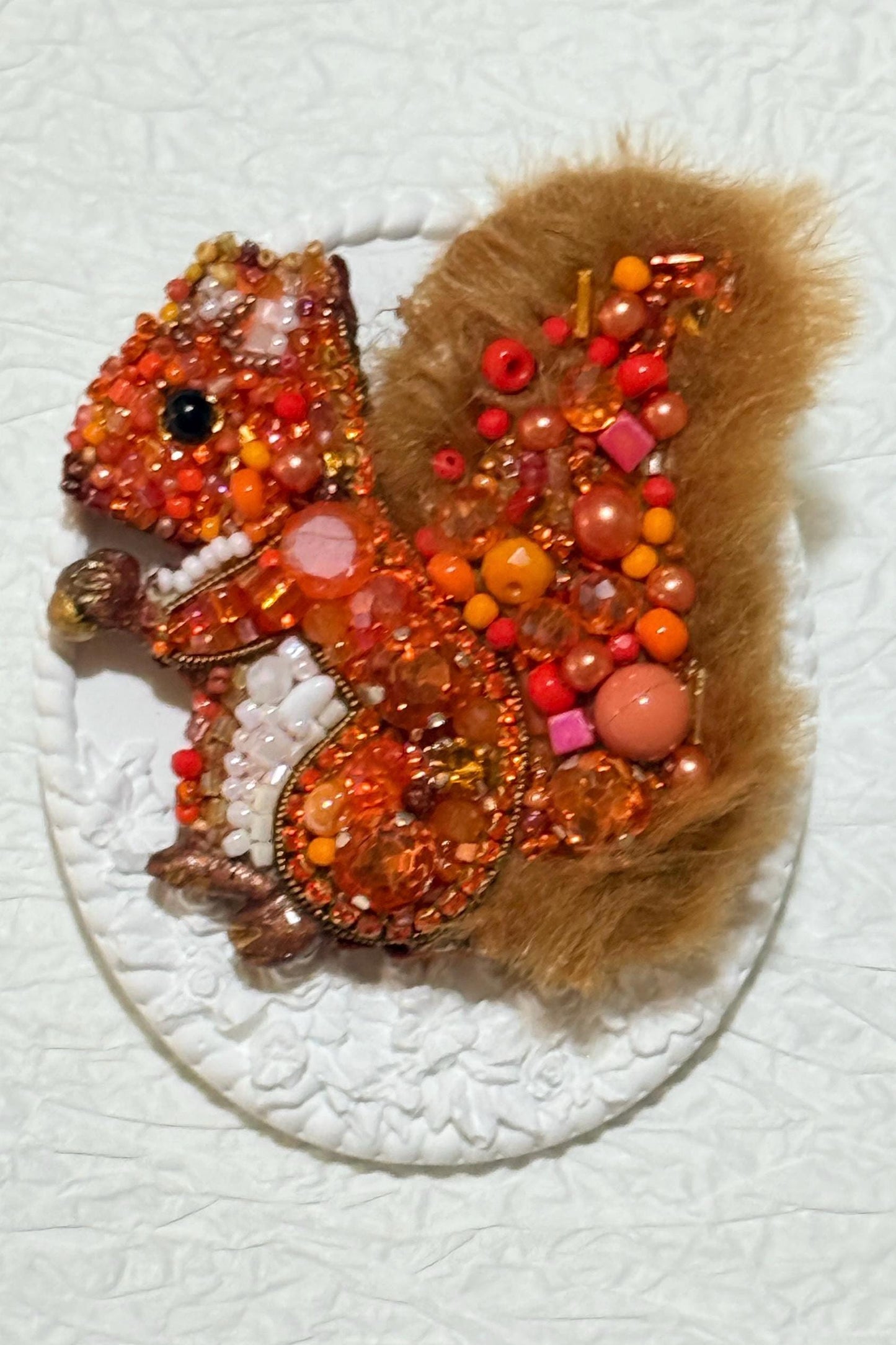 Handmade Beaded Squirrel Brooch: Faux Fur Woodland Pin