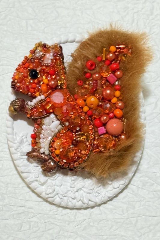 Handmade Beaded Squirrel Brooch: Faux Fur Woodland Pin