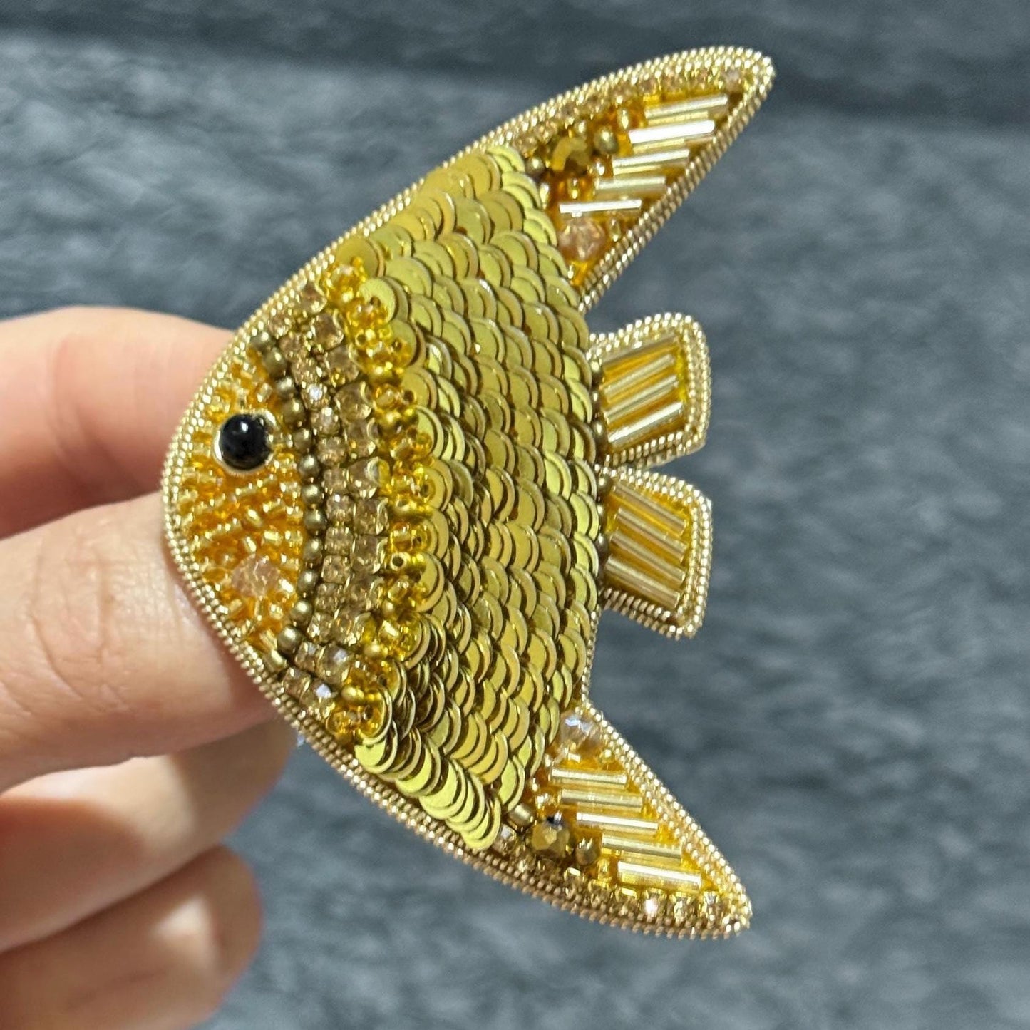 Handmade Beaded Fish Brooch: Gold Sequin Statement Pin