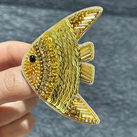 Handmade Beaded Fish Brooch: Gold Sequin Statement Pin