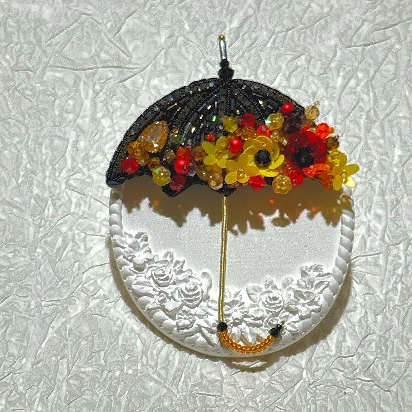 Handmade Beaded Umbrella Brooch: Floral Jewelry Pin with Yellow & Red Accents