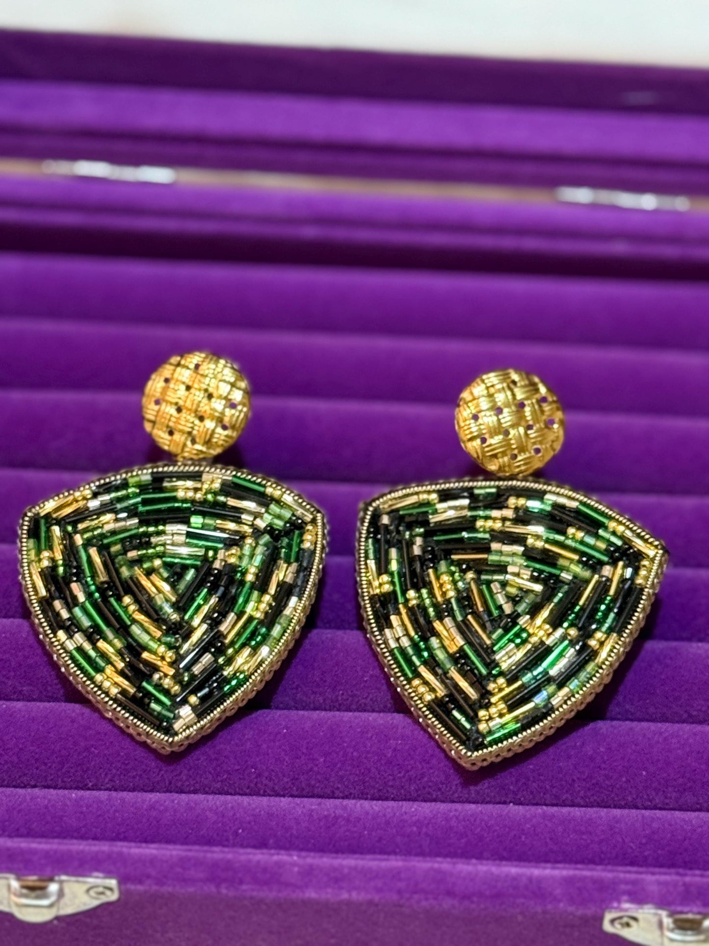 Handmade Beaded Triangle Drop Earrings | Art Deco Statement Jewellery