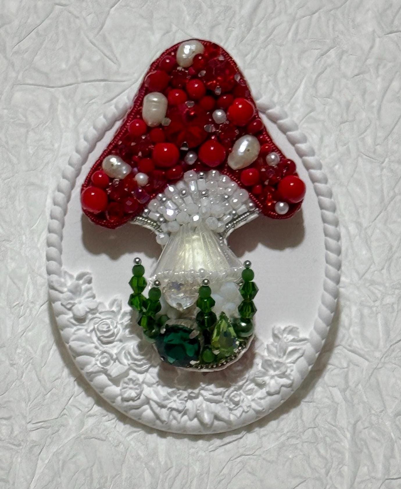 Handmade Beaded Mushroom Brooch: Pearl & Crystal Toadstool Pin