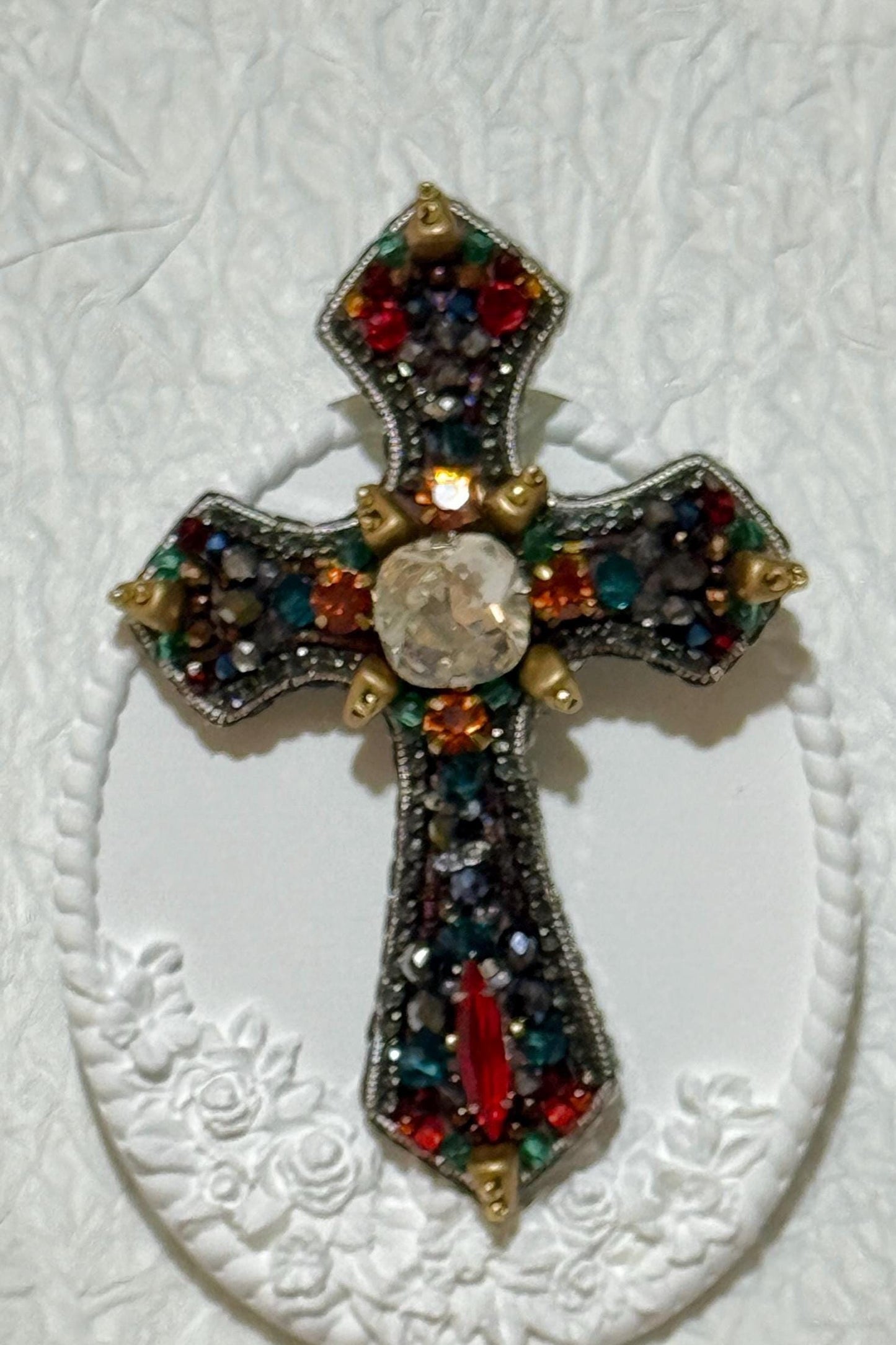 Handmade Beaded Cross Brooch: Colorful Swarovski Crystal Religious Pin