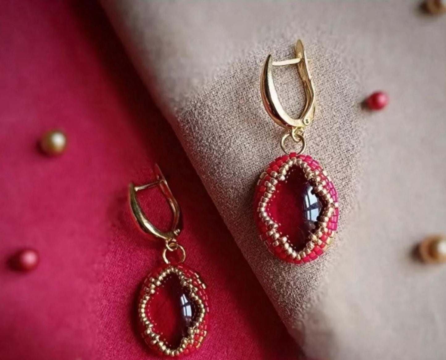 Elegant Red garnet Earrings with Gold Beaded Detail
