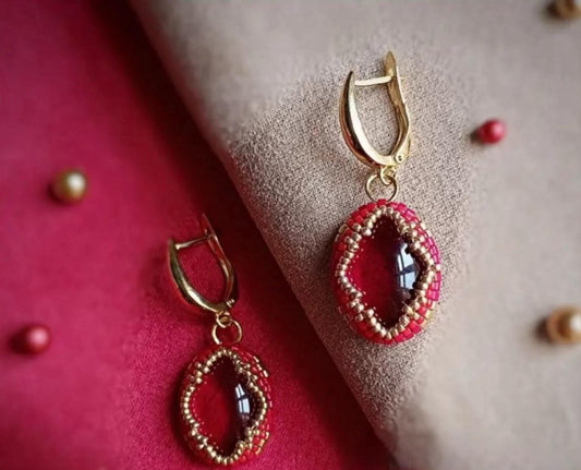 Elegant Red garnet Earrings with Gold Beaded Detail