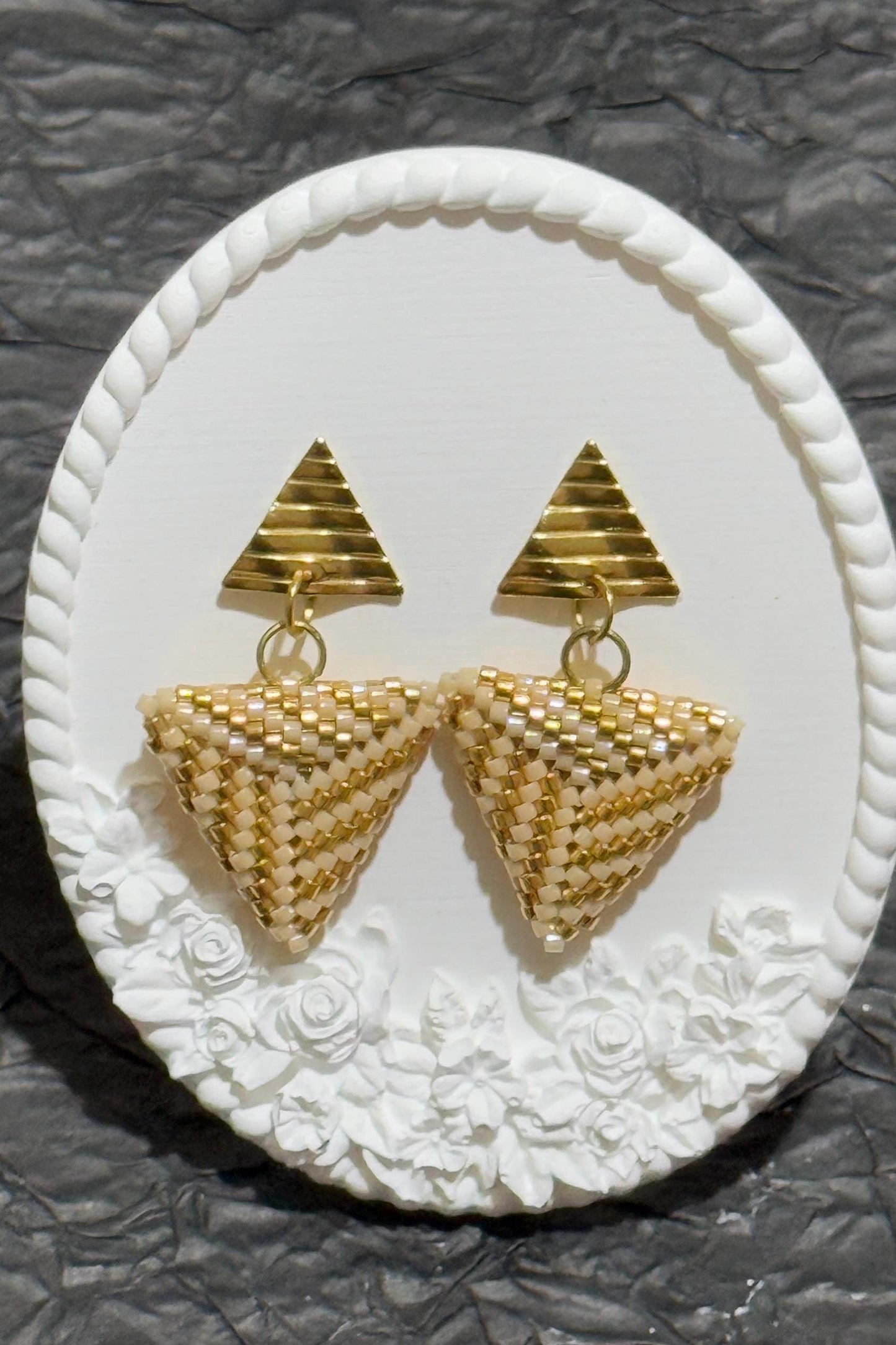 Handmade Beaded Triangle Dangle Earrings: Gold Geometric Statement