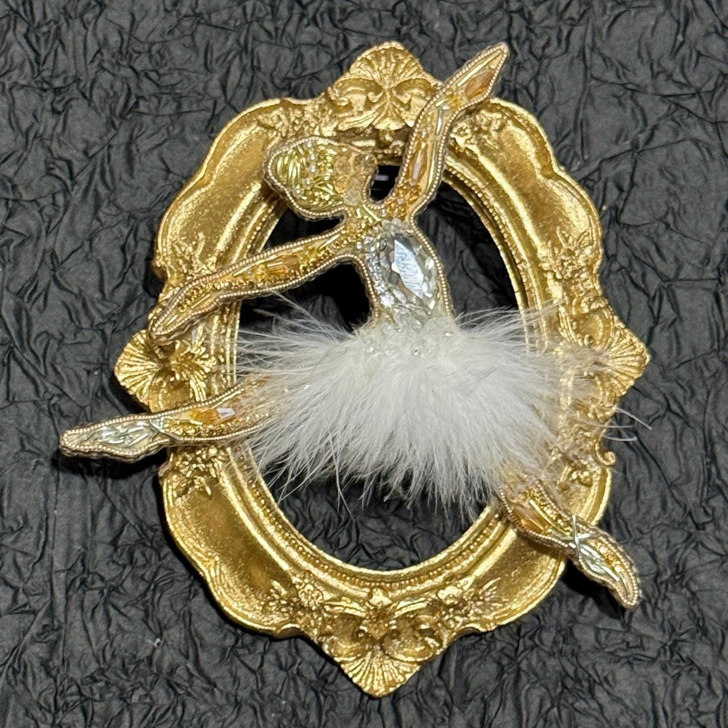Handmade Beaded Ballerina Brooch: Gold Ballet Dancer Pin with Feather Tutu