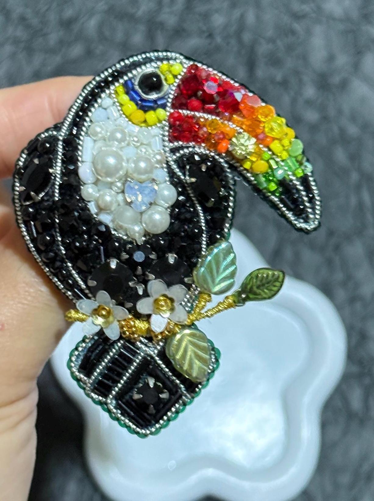 Handmade Beaded Toucan Brooch: Colorful Tropical Bird Pin